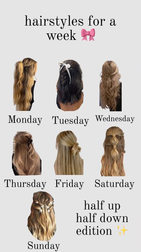 Hairstyles for a week! (Half up half down edition) 💞 #hairstyles #halfuphalfdown #aesthetic #bows #bowsandribbons #fyp Half Up Half Down With Braid Short Hair, Half Up Thick Hair, Hairstyles For Every Day Of The Week, Cheer Game Day Hair Football Season, Braids Into Half Up Half Down, Easy Cute Half Up Half Down Hair, Cool Half Up Half Down Hairstyles, Cute Hairstyles For Middle Schoolers, Homecoming Hairstyles Half Up