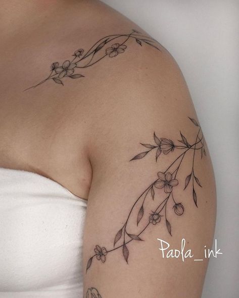 fine line tattoo vines • Instagram Types Of Vines Tattoo, Vine On Shoulder Tattoo, Ivy Tattoo Fine Line, Vine Tattoos For Women On Arm Half Sleeves, Vine Tattoos Shoulder, Lily Vine Tattoo, Plant Vine Tattoo, Flower Vines Tattoo, Vine And Flower Tattoo