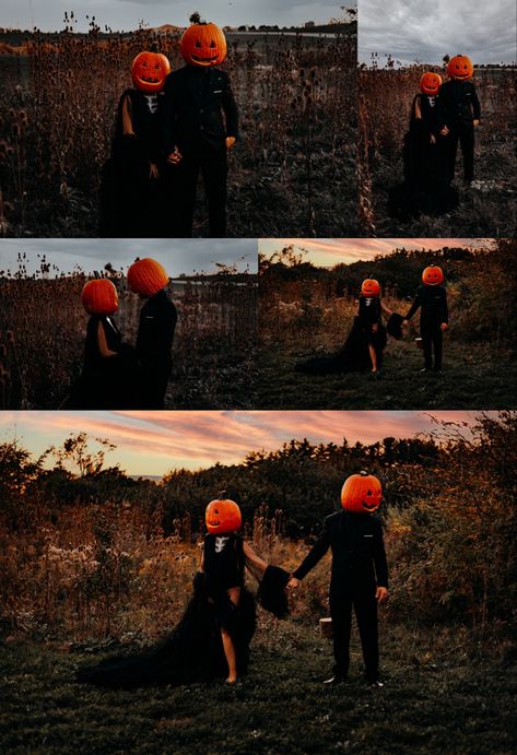 Pumpkin Photo Shoot Ideas, Group Pumpkin Head Photoshoot, Halloween Family Photos, Halloween Family Photoshoot, Halloween Pumpkin Head Photoshoot Couple, Pumpkin Head Photoshoot Couple, Best Friend Pumpkin Head Photoshoot, Halloween Engagement Pictures, Halloween Photoshoot Pumpkin Head