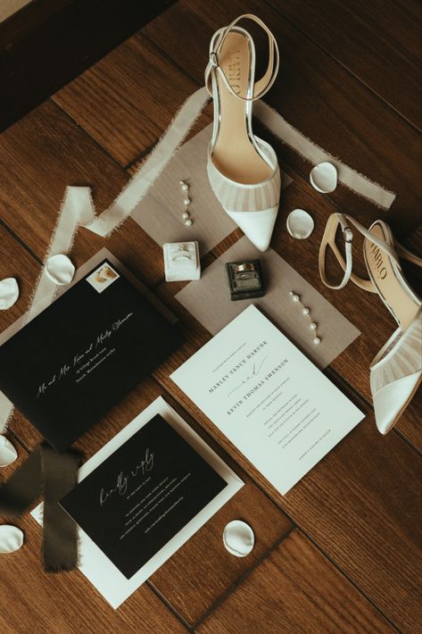 Invitation Suite Wedding Flat Lay, Stationary Wedding Photography, The Details Wedding Photo, Wedding Invitations Photography, Black And White Wedding Details Photo, Flat Lay Detail Shots Wedding, Wedding Details Photography Rings, Wedding Detail Shots Invitation, Black And White Flat Lay Wedding