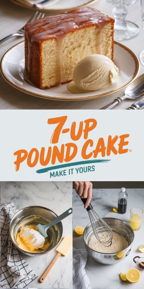 A slice of 7-Up pound cake with a golden crust and glaze, served on a white plate with a scoop of vanilla ice cream. The text "7-Up Pound Cake: Make it Yours" appears in bold orange and teal font. Two preparation steps show ingredients in a mixing bowl being creamed and a whisk blending batter, surrounded by lemons and baking tools on a marble surface. 7 Up Pound Cake Recipe, Moist Lemon Pound Cake, 7up Pound Cake, Sweet Glaze, Chocolate Pound Cake, Sour Cream Pound Cake, Pound Cake Recipe, Cream Cheese Pound Cake, Pound Cake With Strawberries