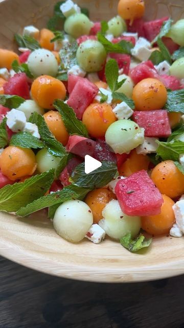 Ereka Vetrini on Instagram: "SAVE my HOT HONEY & MELON SALAD for your next BBQ!! It’s the perfect combo of sweet & heat plus it’s super refreshing and absolutely gorgeous!

Ingredients:
1 small seedless watermelon cut into cubes
1 small honeydew cut into cubes or balled
1 small cantaloupe cut into cubes or balled
8 ounces feta cut into cubes
1/2 cup fresh mint leaves
3 tbsp hot honey
2 tbsp olive oil
1 lime juiced
1/2 tsp spicy or regular flakey sea salt (I used Jenna Fisher’s spicy salt)

-Add watermelon, honeydew, cantaloupe, feta & mint to a large bowl. 
-Top with hot honey, olive oil, lime and salt
-Mix and serve.
#melonsalad #summersalad #hothoney" Watermelon Pistachio Feta Salad, Watermelon Mint Salad Summer, Melon And Feta Tetris Salad, Watermelon Salad With Feta Cheese Mint, Spicy Salt, Pear Salad Recipes, Watermelon Feta Mint Salad Delish, Melon Salad, Pear Salad