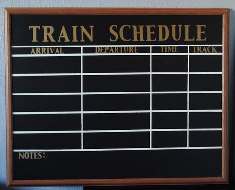 train bedroom decor | Train Bedroom~~Vintage Inspired Train Schedule} Diy Train Station Ticket Booth, Train Decorations Diy, Train Bedroom Decor, Train Vbs, Train Bedroom, Polar Express Christmas Party, Schedule Board, Train Decor, Vbs Themes