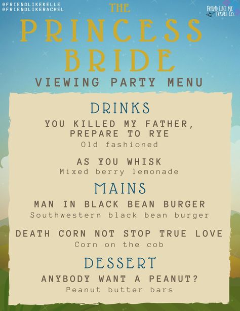 The Princess Bride Themed Dinners Ideas, Disney Themed Movie Night, Disney Movie Night Dinner, Movie Night Dinner, Movie Night Theme, Dinner Menu Ideas, Movie Night Food, Love Drama, Disney Dinner