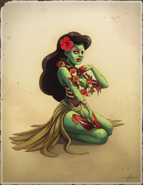 Tiki Halloween, Apocalypse Party, Zombie Apocalypse Party, Zombie Pin Up, Zombie Style, Girly Wallpaper, Tiki Art, Zombie Art, Hula Dancers