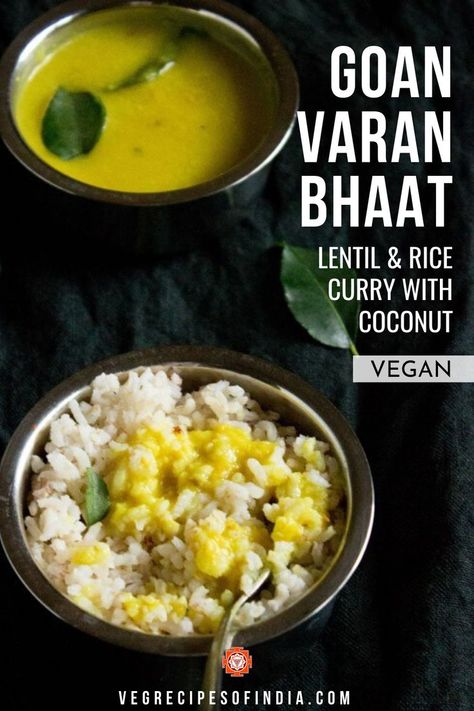 Varan bhaat or lentil curry with rice is a dish that is often made during Ganesh Chaturthi festival in the Goa and Konkan regions. This vegan recipe is mainly a lentil curry recipe but is so often served with steamed rice that they have become a dish together. This recipe is made with no onion or garlic and I have added coconut to it which gives a wonderful, slightly sweet flavor to this dish. Check it out today! #vegan #lentilcurrywithrice #curry #festivalfood #dinner #Indianfood Varan Bhat, Ganesh Chaturthi Festival, Lentil Recipes Easy, Curry With Rice, Lentil Curry Recipes, Maharashtrian Recipes, Goan Recipes, Curry Recipes Indian, Vegetarian Curry