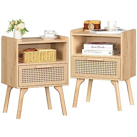 Boho Side Table, Farmhouse End Tables, Ikea Finds, Mid Century Nightstand, Nightstand Set Of 2, Rattan Side Table, Side Table With Drawer, Side Table With Storage, Modern Nightstand