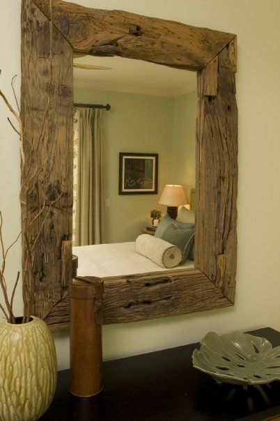 love this framed mirror!!! Barn Board Projects, Cottagecore Living, Barn Wood Projects, Barn Wood Crafts, Rustic Mirrors, Barn Board, Wooden Mirror, Rustic Bathroom, Wood Mirror