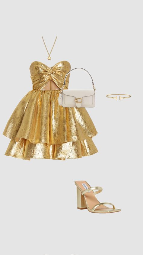 #teaparty Gold Dress Short Classy, Gold Dress Aesthetic, Sweet 16 Dresses Short, Gold Dress Short, Blair Waldorf Gossip Girl, Fancy Fits, Gala Outfit, Gossip Girl Fashion, Looks Party