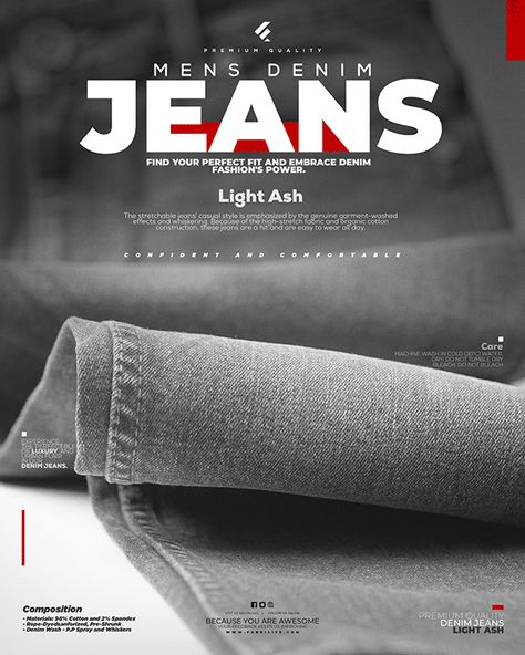 Apparel Social Media Design, Apparel Ads Design, Fabric Social Media Post, Jeans Poster Design, Jeans Flatlay, Discount Poster Design, Ads Poster Design, Denim Poster, Clothing Social Media