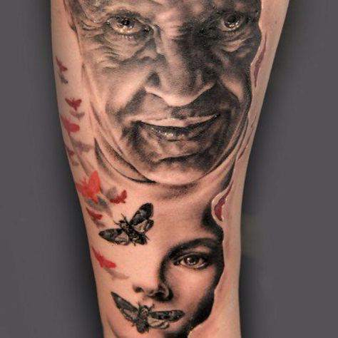 I do wish we could chat longer, but I'm having an old friend for dinner.... Bye. Silence Of The Lambs Tattoo, Hannibal Tattoo, Lamb Tattoo, Photorealistic Portraits, Horror Movie Tattoos, Silence Of The Lambs, Movie Horror, Movie Tattoo, Movie Tattoos