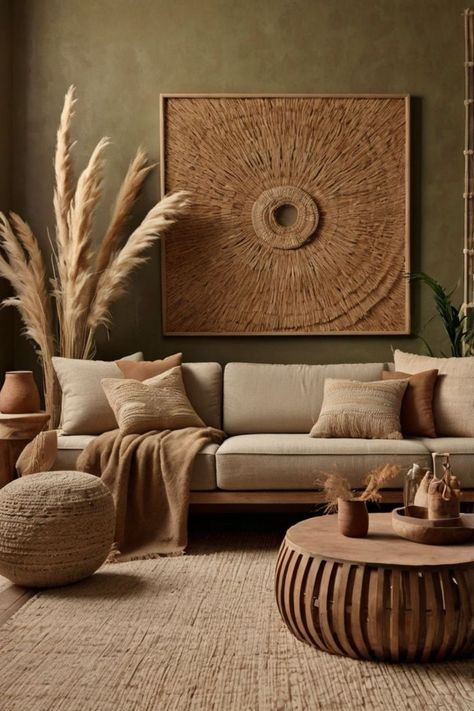 Cozy boho living room with a neutral-toned sofa, woven wall art, pampas grass, and wooden coffee table Cozy Boho Living Room, Cozy Boho, Boho Living Room Decor, Woven Wall Art, Boho Living, Boho Living Room, Living Room Inspo, Entertaining Area, Natural Elements