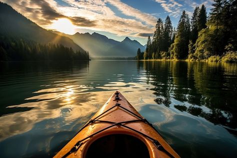 Kayak landscape outdoors kayak. AI generated Image by rawpixel. | free image by rawpixel.com / bass Kyacking Pictures, Mountains With Lake, Night Kayaking, Kayaking Aesthetic, Kayak Pictures, River Tattoo, Inktober 2024, Rowing Boat, Black River