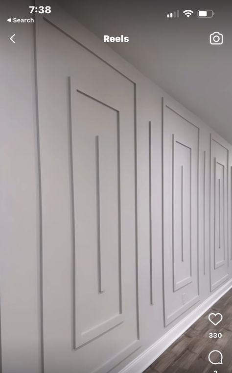 Luxurious Accent Wall, Wall With Trim In Middle, Long Hallway Accent Wall, Diagonal Wainscoting, Board And Batten Ideas Accent Wall, Dinning Room Wall Molding Ideas, Slats Wall, Flex Room Ideas, Wall Molding Design