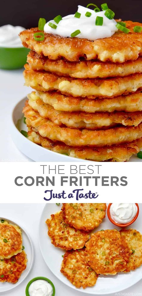 This Corn Fritters recipe can be made with fresh, frozen, canned or creamed corn for the ultimate crispy snack 365 days a year! For a tasty twist, load up the fritters with your choice of cheese (and perhaps a little bacon?!). #cornfritters #fritters #cornfrittersrecipe #justatasterecipes Creamed Corn Fritters Recipe, Cream Corn Fritters, Cornbread Fritters, Corn Fritters Recipe, Cast Iron Skillet Recipes Dinner, Fresh Corn Recipes, Sweet Corn Fritters, Cream Cheese Corn, Corn Fritter Recipes