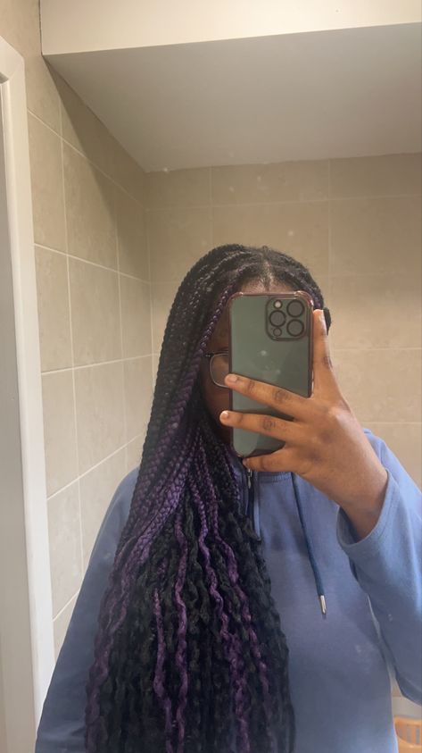 Black And Purple Box Braids Mixed, Plum Box Braids, Brown And Blue Box Braids, Black And Purple Braids With Curls, Dark Purple Braids For Black Women, Purple And Black Braids Hairstyles, Light Purple Box Braids, Braids With Purple Highlights, Dark Purple Box Braids