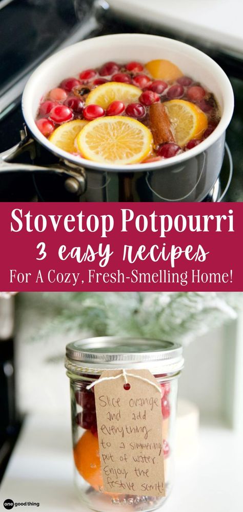 stovetop potpourri in a pan above a jar of the potpourri mixture text overlay between the images reads stovetop potpourri 3 easy recipes for a cozy fresh smelling home Best Christmas Stovetop Potpourri, Rosemary Stovetop Potpourri, Simmer Pot Recipes Grapefruit, Homemade Simmering Potpourri Stove, Wood Stove Potpourri, How To Make Stovetop Potpourri, Simple Stovetop Potpourri, How To Dry Fruit For Simmer Pots, Easy Potpourri Recipes