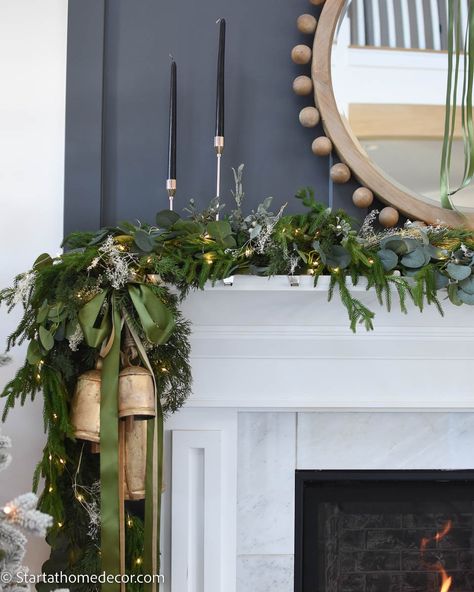 Christmas Mantle Decor With Bells, Mantle Garland With Bells, Christmas Mantle Bells, Christmas Mantels With Bells, Christmas Mantle With Bells, Fireplace Mantel Christmas Decor Ideas, Decorating Mantle For Christmas, Christmas Mantles Ideas, Christmas Decor Fireplace Mantel