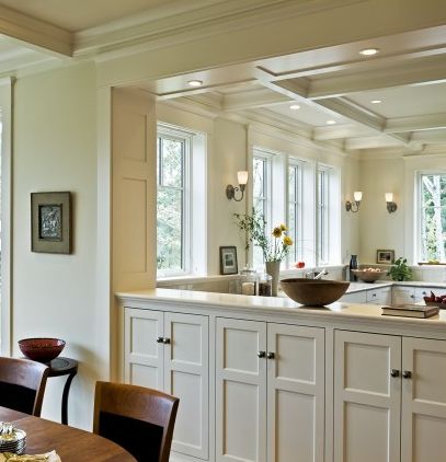 halfwall cupboards for under kitchen bar counter? Half Wall Kitchen, Half Wall Room Divider, Kitchen Pass Through, Kitchen Pass, Cozy Kitchens, Dining Room Victorian, Shingle Style Homes, Grandmas Kitchen, Cabinet Remodel