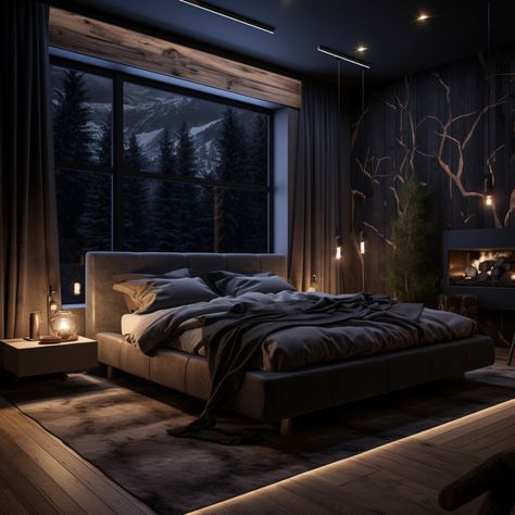 Dark Modern Master Room, Light Floors Dark Walls, Luxury Penthouse Bedroom, Dark Modern Bedroom, Decor For Bedroom Wall, Penthouse Bedroom, Christmas Hello Kitty, Sanrio Christmas, Bedroom Decor Dark