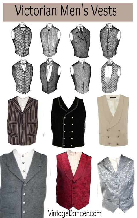 Victorian mens vests and waistcoats. All styles, all budgets. Shop at VintageDancer.com/Victorian Men Vest Style, Victorian Vest Mens, Victorian Inspired Outfits Men, Employee Outfit, Victorian Mens Fashion, Victorian Men, Mode Steampunk, Victorian Man, Victorian Era Fashion