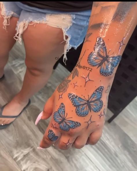 Female Hand Tattoos For Women, Baddie Tattoos Arm, Blue Tattoos For Women, Thug Tattoos For Women, Baddie Tatoos, Blue Ink Tattoo, Trap Tattoos For Women, Baddie Tattoos, Blue Ink Tattoos