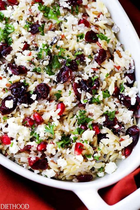 Orzo Pasta Salad with Feta Cheese and Cranberry Pomegranate Vinaigrette Recipe | Diethood Pasta Salad With Feta Cheese, Orzo Salad With Feta, Pasta Salad With Feta, Pasta Tiktok, Orzo Pasta Salad Recipe, Cheesy Orzo, Winter Flavors, Orzo Pasta Recipes, Christmas Pasta