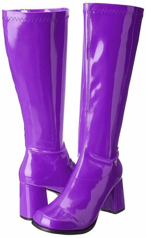 Gogo Boots Purple, Purple Go Go Boots, Moth Clothes, Disco Cowboy, Plastic Boots, Moon Cosplay, Trolls 3, Barbie Vibes, Purple Bottom