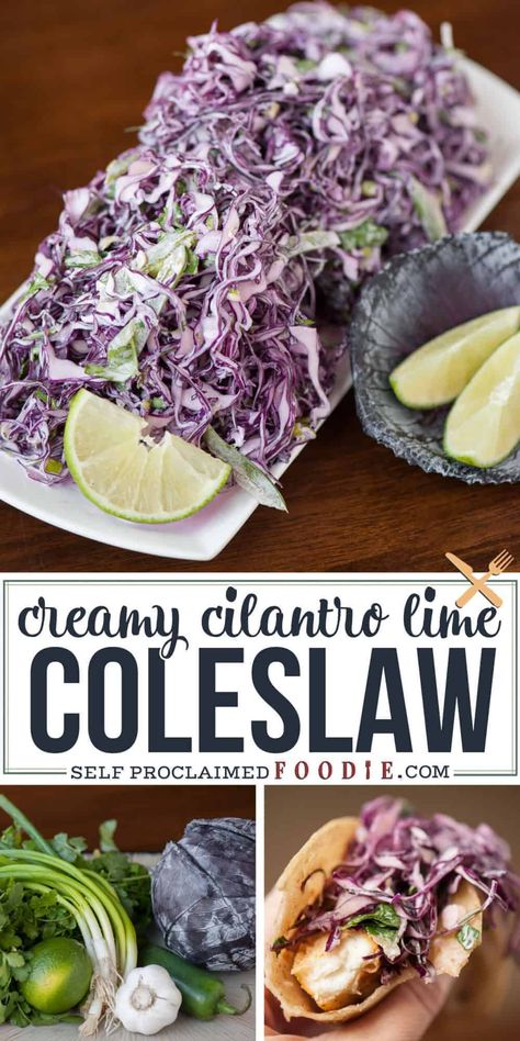 This Creamy Cilantro Lime Slaw combines fresh salad ingredients & a tangy dressing to make an outstanding side dish or your favorite fish taco topper. Lime Coleslaw Recipe, Cilantro Lime Coleslaw, Slaw For Tacos, Lime Coleslaw, Purple Cabbage Slaw, Fish Tacos With Cabbage, Spicy Fish Tacos, Lime Slaw, Cilantro Lime Slaw