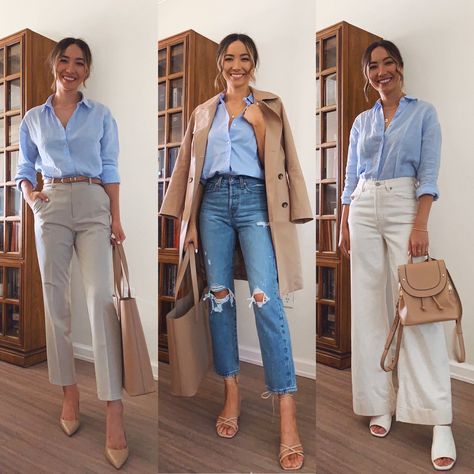 6 Ways to Style a Blue Button Up Shirt - LIFE WITH JAZZ Blue Button Up Shirt Outfit, Light Blue Shirts Women, Light Blue Shirt Outfit, Life With Jazz, Button Up Shirt Outfit, Smart Casual Office, Outfits Con Camisa, Shirt Styling, Blue Shirt Women