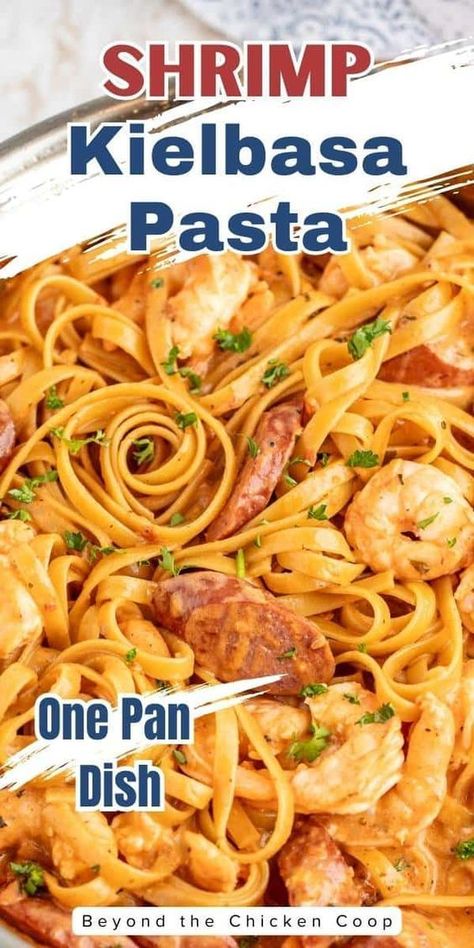 Shrimp Sausage Pasta is a delicious flavorful pasta dish made with shrimp and kielbasa pasta. Everything is made in just one pan and the pasta is cooked right in with the sauce! You're going to love this shrimp and sausage recipe. It's a tasty dish that is perfect for dinner. The simplicity of this one-pan recipe makes it a convenient option for a quick, fuss-free meal. Each bite captures all the flavors with the pasta cooking directly in the sauce. Make it for lunch or dinner! Kielbasa And Pasta, Shrimp And Kielbasa, Shrimp Sausage Pasta, Sausage And Shrimp Recipes, Shrimp And Sausage Pasta, Kielbasa Pasta, Smoked Sausage Pasta, Shrimp And Sausage, Sausage Pasta Recipes