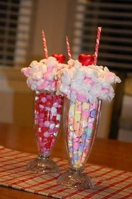 -a clear, ice cream sundae glass (I picked mine up at our local Dollar Tree store!) -candy to fill the bottom of the glass (I chose conversation hearts for one, and pink and red M for the other!) -a styrofoam circle or half-circle (found in the floral or craft section of places like Walmart) -pink and white taffy -2 candy pixie sticks (for the straws) -chocolate, red-foiled heart -hot glue gun -paper to embroider or to write on if you choose to do labels Cute Valentines Day Ideas, Pixie Sticks, Valentine Centerpieces, Valentine Projects, My Funny Valentine, Dollar Tree Store, Candy Bouquet, Ice Cream Sundae, Valentines Party