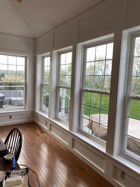 Interior Doors To Sunroom, Sunroom Trim Ideas, Sunroom With Windows That Open, Sunroom Window Trim, Sunroom Addition Enclosed Patio, Patio Rooms Enclosed Sunroom Ideas, Porch To Sunroom Conversion, Porch To Sunroom, Sunroom Remodel