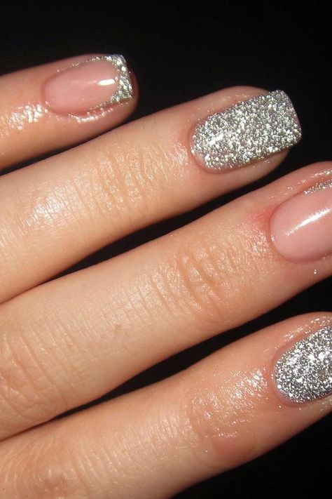 25 Sparkly Silver Glitter Nails Ideas for a Dazzling Mani Silver Sparkly Nails French Tip, Nail Extensions Glitter, Nails That Go With Silver Dress, Silver Glitter Short Nails, Elegant Sparkly Nails, Short Sparkly Acrylic Nails, Silver Nails With Gems, Sparkly Nail Tips, Cute Overlay Nails