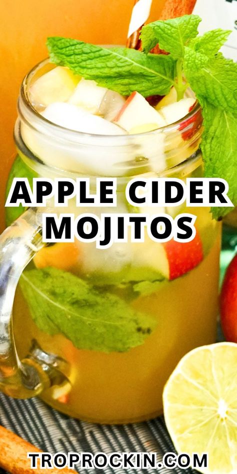 Rum cocktail: apple cider mojito in a mason jar. Refreshing Rum Cocktails, Apple Cocktails, Mock Cocktails, Rum Drinks Recipes, Cider Cocktail, Mint Cocktails, Apple Cider Cocktail, Rum Cocktail Recipes, Apple Cocktail