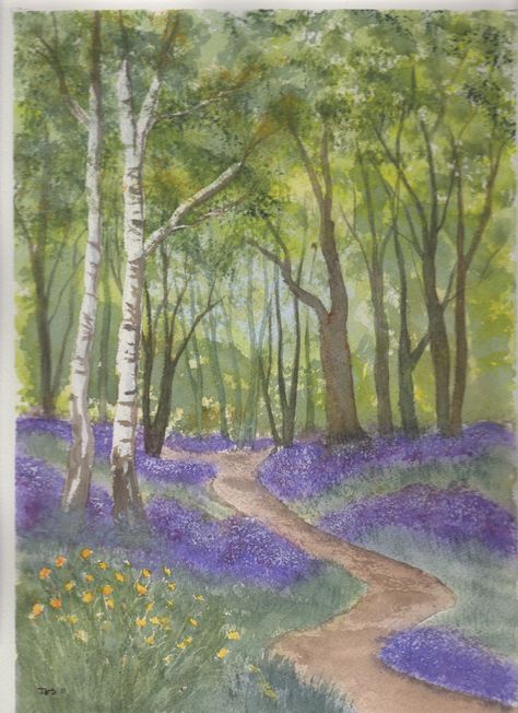 Bluebell Wood - watercolour Watercolour Woodland, Spring Drawing, Bluebell Woods, Sketchbook Challenge, Wood Illustration, Wooded Landscaping, Watercolor On Wood, Family Painting, Nature Scenery