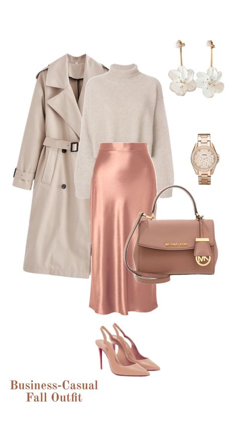 Salmon Skirt, Fall Office Outfits, Nude Skirt, Nude Bags, Hijabi Outfit, Office Outfit, Golden Jewelry, Satin Skirt, Fall 2023