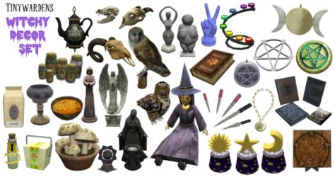 dragon time - WITCHY DECOR SET HERE IT IS! A deco set for your... Emo Decor, Dragon Time, Los Sims 4 Mods, Sims Medieval, Sims 4 Clutter, Sims 4 Mm Cc, Sims 4 Mm, Sims 4 Characters, Sims Four