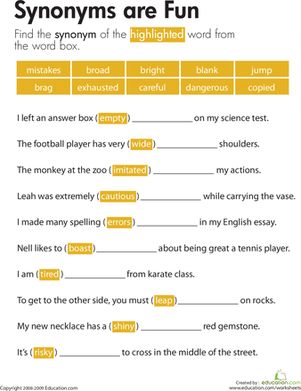 Each sentence on this third grade reading worksheet has a highlighted word, and kids write in a synonym for the word to complete the sentence. Synonyms Worksheets, Third Grade Reading Worksheets, Worksheets For 3rd Grade, 5th Grade Grammar, 10th Grade English, Teacher Items, Algebra Formulas, Composition Writing, 5th Grade Worksheets