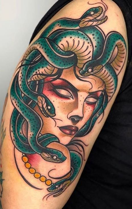 100 Beautiful Medusa Tattoos You’ll Need to See - Tattoo Me Now Mother Nature Tattoos Traditional, American Traditional Fortune Teller Tattoo, Vintage Women Tattoos, Neo Trad Leg Sleeve, American Traditional Collar Tattoo, Traditional Style Medusa Tattoo, Old School Medusa Tattoo, American Traditional Skulls, Traditional Madussa Tattoo