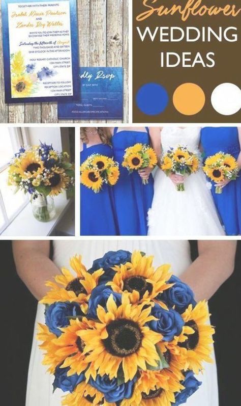 Sunflower Wedding Ideas - Loving this Summer Theme with Royal Blue and Sunflowers! #WeddingIdeasSummer #planmywedding Sunflower Wedding Ideas, Blue Sunflower Wedding, Royal Blue Wedding Theme, Sunflower Wedding Decorations, Sunflower Themed Wedding, Wedding Themes Summer, Sunflower Wedding Invitations, Royal Blue Wedding, Blue Themed Wedding