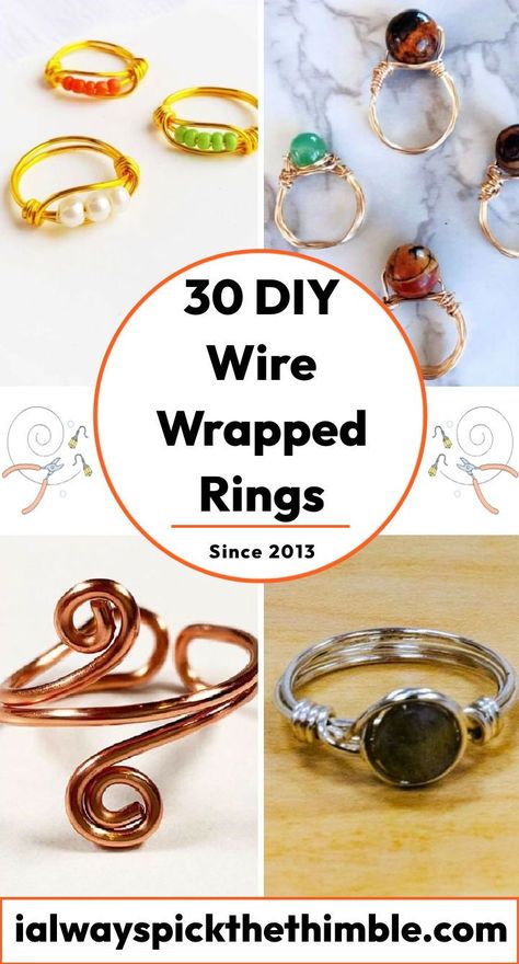 30 DIY Wire Wrapped Rings: Easy Ring Making Tutorial Diy Wire Jewelry Tutorials Free Pattern, Wrapped Wire Rings, Wire Wrapping Rings Tutorial, Wire Jewellery Diy, Diy Wire Rings Tutorial Easy, Diy Wire Wrapped Rings Tutorials, Diy Wire Jig, Wire Jewelry Tutorial Step By Step, Wire Rings Tutorial Easy