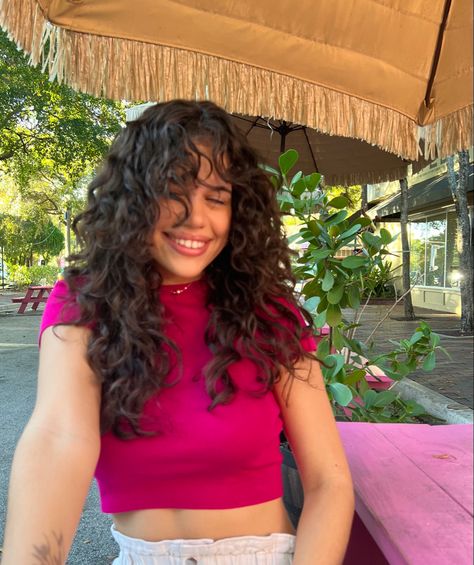 curly haircut with curly bangs Long Layered Curly Haircuts With Bangs, Long Bangs On Curly Hair, Curly Hair With Straight Bangs Hairstyles, 2b Curls With Bangs, Curly Bangstyle Hair Long, Curly Bangs Layers, Layered Curly Hair With Fringe, Long Curly Hair Bangs Fringes, Layered Bangs Curly Hair