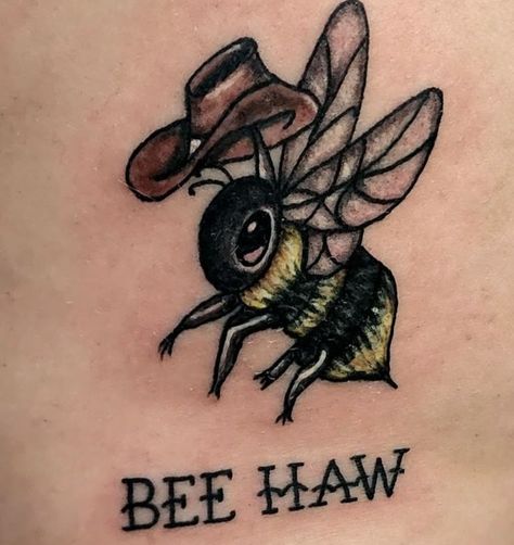 Bee Haw Tattoo, Bee With Cowboy Hat Tattoo, Whiskey Tattoo Ideas, Small Cowboy Tattoo, Cowboy Boots Drawing, Small Bee Tattoo, Cowboy Hat Tattoo, Honey Bee Tattoo, Hat Tattoo