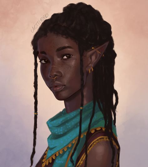 Black Elves Art, Black Dnd Characters, Dark Skinned Elf, Black Fantasy Art, Black Elves, Black Elf, Fantasy Friends, Elf Female, Guild Hall