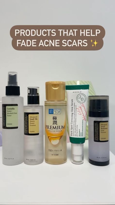 Skin Care Brightening Products, Acne Scar Skincare, Acne Scarring Products, Skincare For Acne Scarring, Hyperpigmentation Korean Skincare, Skincare For Brightening Skin, Skincare For Acne And Scars, Acne Scar Skin Care Routine, Acne Scar Products