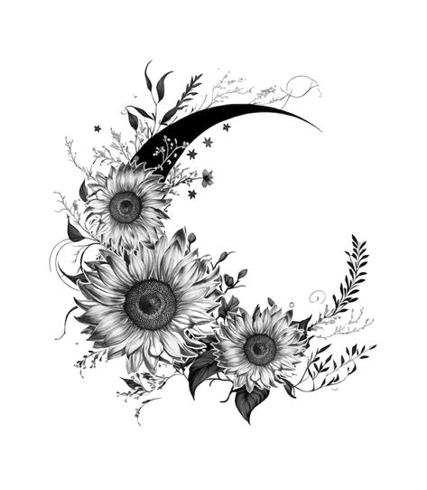 Autumn Moon Tattoo, Moon And Sunflower Tattoo, Upper Shoulder Tattoos For Women, Sunflower And Moon Tattoo, Fall Tattoo Ideas Autumn, Best Feminine Tattoos, Upper Shoulder Tattoo, Full Moon Tattoo, Autumn Tattoo