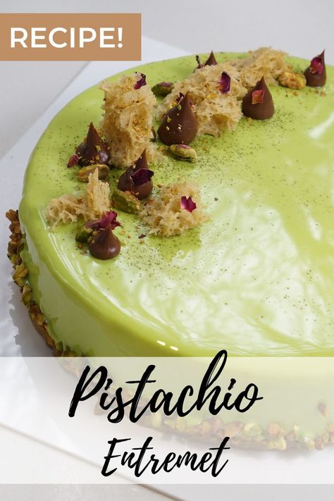 This Pistachio Entremet recipe has multiple layers of flavour. It features a pistachio mousse, a caramelised white chocolate cremeux, an almond dacquoise and a crispy pistachio base. This pistachio entremet is a personal favourite as well as a favourite among all the friends we’ve served it to! It combines a lot of our favourite flavours like pistachio and caramelised white chocolate, with a variety of complimenting textures, to make a dessert fit for a very special occasion. Pistachio Entremet, Pistachio Mousse, Entremet Recipe, Mousse Cake Recipe, Tall Cakes, Pistachio Cake, Mousse Recipes, Cake Board, Mousse Cake