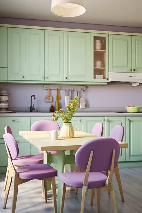 Green and Purple Color Scheme: Kitchen with Pastel Cabinets and Accents Sage Green And Lavender Kitchen, Sage And Lavender Kitchen, Pastel Green Furniture, Colours That Go With Green, Light Purple Kitchen, Green And Purple Kitchen, Green And Purple Living Room, Purple And Green Kitchen, Pastel Color Kitchen