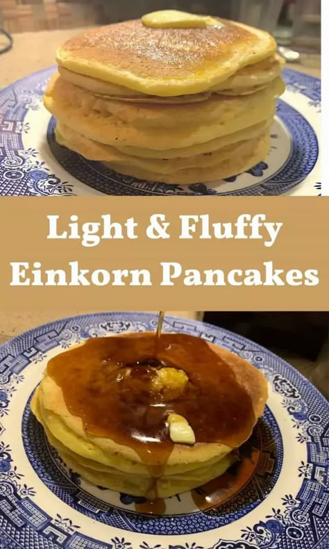 This recipe for light and fluffy Einkorn pancakes never fails and works well with any all-purpose flour. They also freeze well. It only takes 5 minutes to mix them up and less than 20 minutes to cook them. It's just that easy! Einkorn Pancakes, Cooking For Two Recipes, Homemaker Recipes, Einkorn Bread, Milled Flour Recipes, Fresh Milled Flour, Einkorn Recipes, Whole Wheat Pancakes, No Flour Pancakes